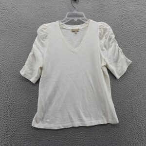 Democracy V-Neck Puff Sleeve Ruched Shirt Womens Size Small White